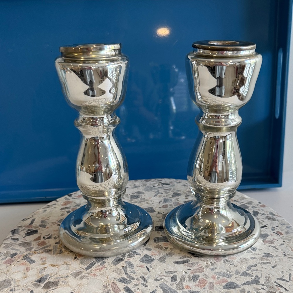 Mercury Glass Turned Style Antique Inspired Candle Sticks (2)